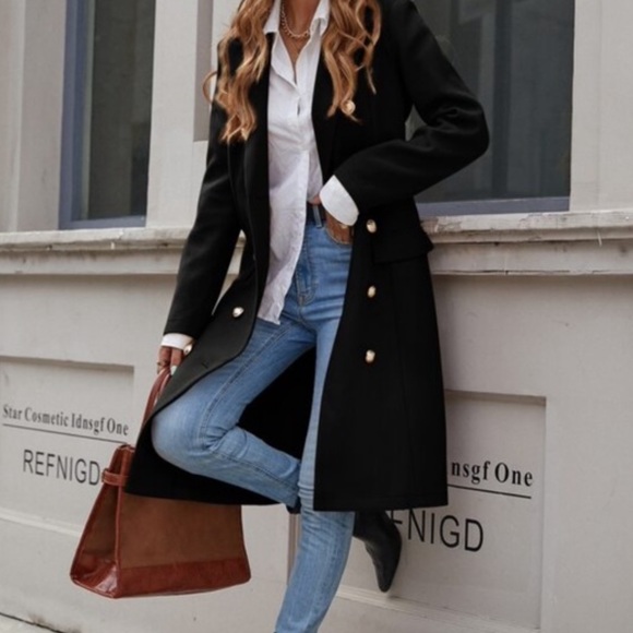 Classic Black Button up Long Jacket Coat - Picture 9 of 13